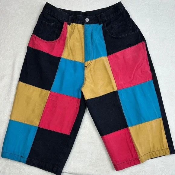 VTG MACHINE Patchwork Colorblock Denim Button Up Shirt & Jean Shorts Set Men's L